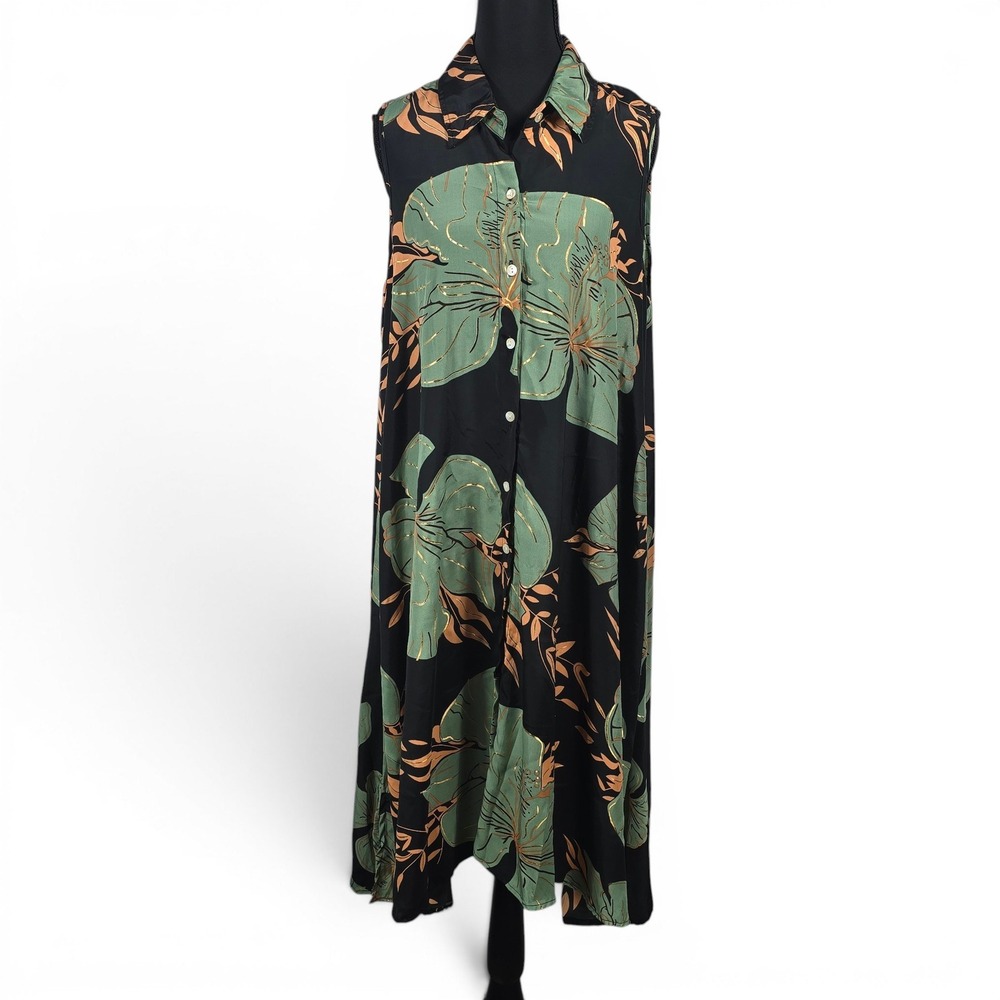 Chacha Milano Silk Viscose Blend Tropical Floral Maxi Dress Black Green Gold M/L